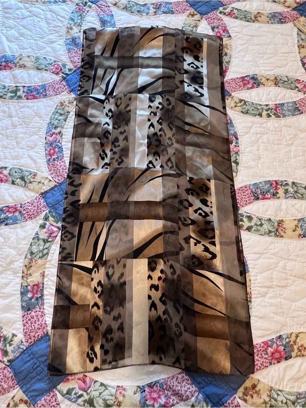 Vintage Y2K Sheer Animal Print Patchwork Scarf Oblong Cheetah Zebra Brown